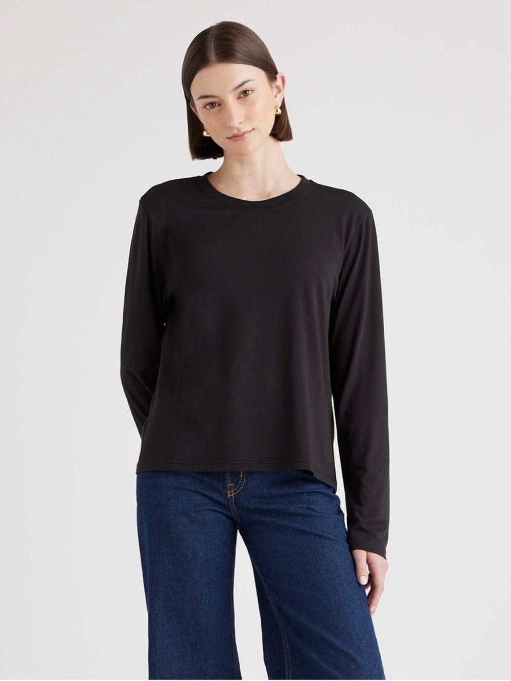 Quince Cotton Modal Relaxed Long Sleeve Tee Black XS Shirt Neutral Minimalist